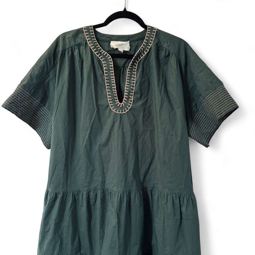 Pomander Place Kinsley Mini Dress XXL Green Tiered Cotton Tunic Embroidered Neck - Picture 5 of 7